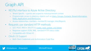 Microsoft Azure#GlobalAzure #ViseoSpirit
• RESTful interface to Azure Active Directory
– Tenant Specific – queries are scoped to individual tenant context
– Programmatic access to directory objects such as Users, Groups, Contacts, Tenant Information,
Roles, Applications and Permissions
– Access relationships: members, memberOf, manager, directReports
• Requests use standard HTTP methods
– GET, POST, PATCH, DELETE to create, read, update, and delete
– Response support JSON, XML, standard HTTP status codes
– Compatible with OData V3
• OAuth 2.0 Support
– Both Client Credentials and Authorization Code flow
Graph API
22
 