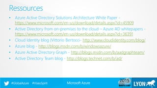 Microsoft Azure#GlobalAzure #ViseoSpirit
• Azure Active Directory Solutions Architecture White Paper -
https://www.microsoft.com/en-us/download/details.aspx?id=45909
• Active Directory from on-premises to the cloud – Azure AD whitepapers -
https://www.microsoft.com/en-us/download/details.aspx?id=36391
• Cloud Identity blog (Vittorio Bertocci- http://www.cloudidentity.com/blog/
• Azure blog - http://blogs.msdn.com/b/windowsazure/
• Azure Active Directory Graph - http://blogs.msdn.com/b/aadgraphteam/
• Active Directory Team blog - http://blogs.technet.com/b/ad/
Ressources
28
 
