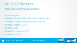 Microsoft Azure#GlobalAzure #ViseoSpirit
https://github.com/AzureADSamples
Some examples:
WebApp-WebAPI-OAuth2-UserIdentity-DotNet
WebApp-WebAPI-OpenIDConnect-DotNet
WebApp-GraphAPI-PHP
WebAPI-Nodejs
NativeClient-Xamarin-iOS
NativeClient-iOS
Azure AD Samples
29
 