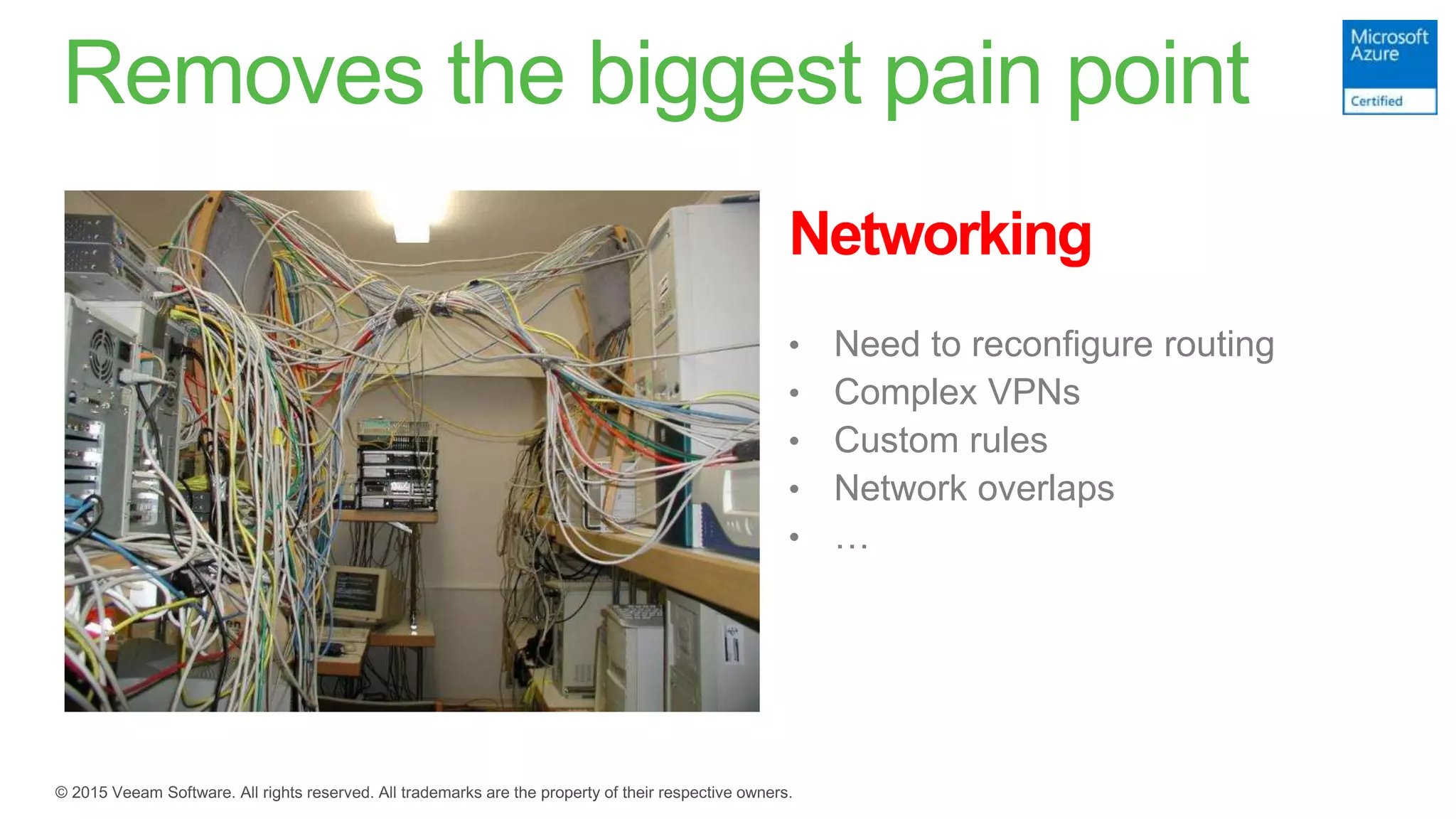 Removes the biggest pain point
Networking
• Need to reconfigure routing
• Complex VPNs
• Custom rules
• Network overlaps
• …
 