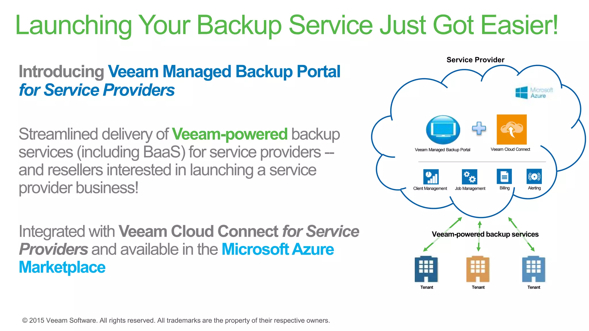Launching Your Backup Service Just Got Easier!
Veeam Managed Backup Portal
for Service Providers
Veeam-powered
MicrosoftAzure
Marketplace
Veeam Cloud Connect
Job ManagementClient Management Billing Alerting
Veeam Managed Backup Portal
Service Provider
Veeam-powered backup services
Tenant Tenant Tenant
 