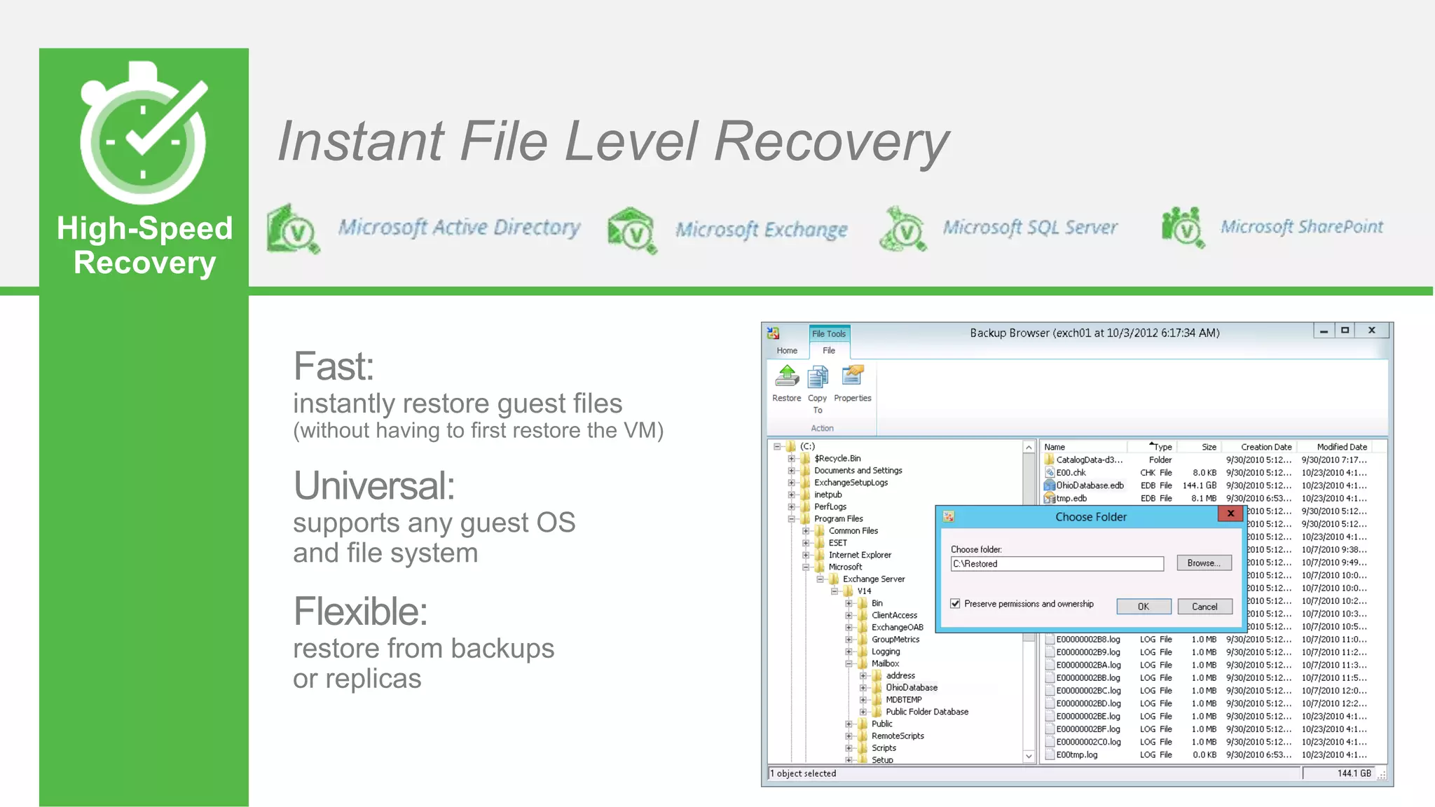 High-Speed
Recovery
Instant File Level Recovery
 