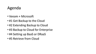 Agenda
• Veeam + Microsoft
• #1 Get Backup to the Cloud
• #2 Extending Backup to Cloud
• #3 Backup to Cloud for Enterprise
• #4 Setting up BaaS or DRaaS
• #5 Retrieve from Cloud
 