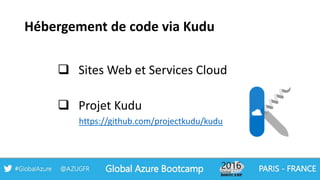 Hébergement de code via Kudu
 Sites Web et Services Cloud
 Projet Kudu
https://github.com/projectkudu/kudu
 