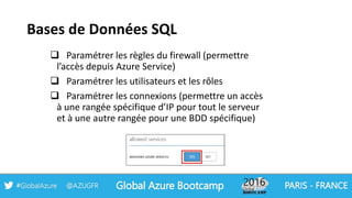 Bases de Données SQL
 Paramétrer les règles du firewall (permettre
l’accès depuis Azure Service)
 Paramétrer les utilisateurs et les rôles
 Paramétrer les connexions (permettre un accès
à une rangée spécifique d’IP pour tout le serveur
et à une autre rangée pour une BDD spécifique)
 