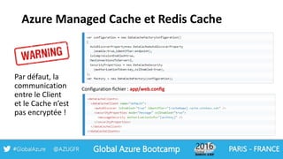 Azure Managed Cache et Redis Cache
Par défaut, la
communication
entre le Client
et le Cache n’est
pas encryptée !
Configuration fichier : app/web.config
 