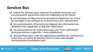 Services Bus
 Utiliser les ‘Queues’ pour optimiser le système et assurer une
communication asynchrone entre les Producteurs et les Clients
 Les Rubriques et Abonnements permettent d’optimiser les envois
de messages à une rubrique ou en provenance d’un abonnement
 Les concentrateurs d’Evènements intègrent des informations de
télémétrie très appréciées en Big Data notamment
 Les concentrateurs de notifications pour des ‘Push notifications’
(très gros volumes supportés + cross-plateformes)
 Services Relay pour créer des applications hybrides qui s’exécutent à
la fois dans un centre de données Azure et dans votre propre
environnement d’entreprise local.
 