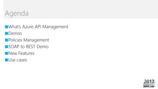 ■What’s Azure API Management
■Demos
■Policies Management
■SOAP to REST Demo
■New Features
■Use cases
Agenda
 