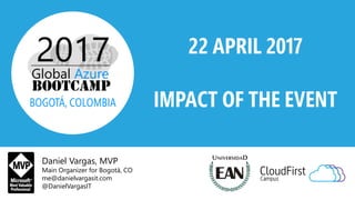 Daniel Vargas, MVP
Main Organizer for Bogotá, CO
me@danielvargasit.com
@DanielVargasIT
22 APRIL 2017
IMPACT OF THE EVENT
 