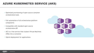 30CONFIDENTIAL
• Optimized provisioning of open-source container
orchestration tools
• Full automation of all orchestration platform
components
• Compatible with standard open-source
orchestration API
• ACS is a free service that clusters Virtual Machines
(VMs) into a container
• Hybrid deployment for applications
AZURE KUBERNETES SERVICE (AKS)
 