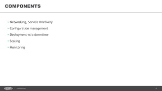6CONFIDENTIAL
• Networking, Service Discovery
• Configuration management
• Deployment w/o downtime
• Scaling
• Monitoring
COMPONENTS
 