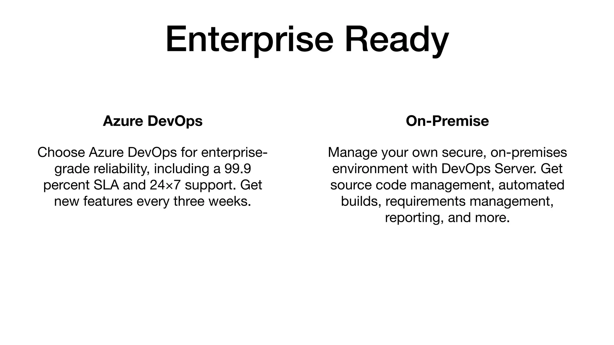 Enterprise Ready
Azure DevOps
Choose Azure DevOps for enterprise-
grade reliability, including a 99.9
percent SLA and 24×7 support. Get
new features every three weeks.
On-Premise
Manage your own secure, on-premises
environment with DevOps Server. Get
source code management, automated
builds, requirements management,
reporting, and more.