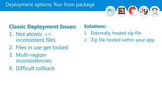 Deployment options: Run from package
Classic Deployment Issues:
1. Not atomic =>
inconsistent files
2. Files in use get locked
3. Multi-region
inconsistencies
4. Difficult rollback
Solutions:
1. Externally hosted zip file
2. Zip file hosted within your app
 