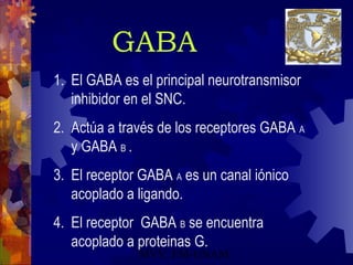 GABA
1. El GABA es el principal neurotransmisor
   inhibidor en el SNC.
2. Actúa a través de los receptores GABA A
   y GABA B .
3. El receptor GABA A es un canal iónico
   acoplado a ligando.
4. El receptor GABA B se encuentra
   acoplado a proteinas G.
              MVV. FM-UNAM.
 