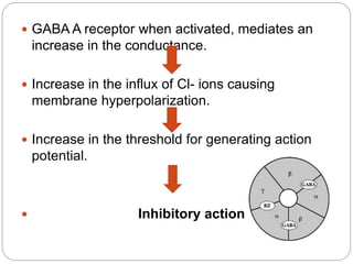  GABA A receptor when activated, mediates an
increase in the conductance.
 Increase in the influx of Cl- ions causing
membrane hyperpolarization.
 Increase in the threshold for generating action
potential.
 Inhibitory action
 