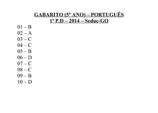 GABARITO (5º ANO) – PORTUGUÊS
1ª P.D – 2014 – Seduc-GO
01 – B
02 – A
03 – C
04 – C
05 – B
06 – D
07 – C
08 – C
09 – B
10 – D
 