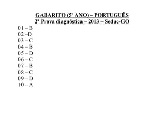 GABARITO (5º ANO) – PORTUGUÊS
2ª Prova diagnóstica – 2013 – Seduc-GO
01 – B
02 –D
03 – C
04 – B
05 – D
06 – C
07 – B
08 – C
09 – D
10 – A
 