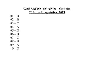 GABARITO - (5º ANO) – Ciências
2ª Prova Diagnóstica 2013
01 – B
02 – B
03 – C
04 – A
05 – D
06 – B
07 – C
08 – B
09 – A
10 – D
 