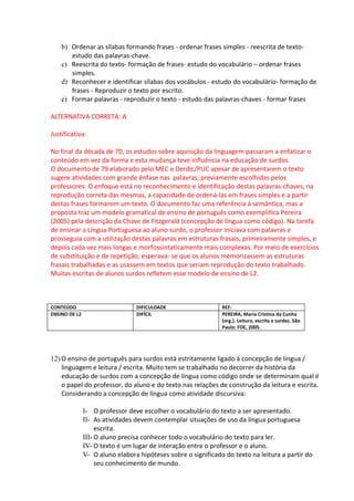 b) Ordenar as sílabas formando frases - ordenar frases simples - reescrita de texto-
       estudo das palavras-chave.
    c) Reescrita do texto- formação de frases- estudo do vocabulário – ordenar frases
       simples.
    d) Reconhecer e identificar sílabas dos vocábulos - estudo do vocabulário- formação de
       frases - Reproduzir o texto por escrito.
    e) Formar palavras - reproduzir o texto - estudo das palavras-chaves - formar frases

ALTERNATIVA CORRETA: A

Justificativa:

No final da década de 70, os estudos sobre aquisição da linguagem passaram a enfatizar o
conteúdo em vez da forma e esta mudança teve influência na educação de surdos.
O documento de 79 elaborado pelo MEC e Derdic/PUC apesar de apresentarem o texto
sugere atividades com grande ênfase nas palavras, previamente escolhidas pelos
professores. O enfoque está no reconhecimento e identificação destas palavras-chaves, na
reprodução correta das mesmas, a capacidade de ordená-las em frases simples e a partir
destas frases formarem um texto. O documento faz uma referência à semântica, mas a
proposta traz um modelo gramatical de ensino de português como exemplifica Pereira
(2005) pela descrição da Chave de Fitzgerald (concepção de língua como código). Na tarefa
de ensinar a Língua Portuguesa ao aluno surdo, o professor iniciava com palavras e
prosseguia com a utilização destas palavras em estruturas frasais, primeiramente simples, e
depois cada vez mais longas e morfossintaticamente mais complexas. Por meio de exercícios
de substituição e de repetição, esperava- se que os alunos memorizassem as estruturas
frasais trabalhadas e as usassem em textos que seriam reprodução do texto trabalhado.
Muitas escritas de alunos surdos refletem esse modelo de ensino de L2.



CONTEÚDO                         DIFICULDADE                   REF:
ENSINO DE L2                     DIFÍCIL                       PEREIRA, Maria Cristina da Cunha
                                                               (org.). Leitura, escrita e surdez. São
                                                               Paulo: FDE, 2005.




12) O ensino de português para surdos está estritamente ligado à concepção de língua /
    linguagem e leitura / escrita. Muito tem se trabalhado no decorrer da história da
    educação de surdos com a concepção de língua como código onde se determinam qual é
    o papel do professor, do aluno e do texto nas relações de construção da leitura e escrita.
    Considerando a concepção de língua como atividade discursiva:

               I- O professor deve escolher o vocabulário do texto a ser apresentado.
               II- As atividades devem contemplar situações de uso da língua portuguesa
                    escrita.
               III- O aluno precisa conhecer todo o vocabulário do texto para ler.
               IV- O texto é um lugar de interação entre o professor e o aluno.
               V- O aluno elabora hipóteses sobre o significado do texto na leitura a partir do
                    seu conhecimento de mundo.
 