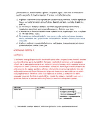 gêneros textuais. Considerando o gênero “Regras de jogos”, assinale a alternativa que
    justifica a escolha deste gênero para o 3º ano do ensino fundamental:

    a) O gênero traz informações explícitas em seu corpo que permite o aluno ler e produzir
       textos com autonomia sem a interferência do professor pela repetição de padrões
       gráficos.
    b) As informações deste tipo de texto permitem ao professor explorar melhor o
       vocabulário garantindo a compreensão das partes do texto para todo.
    c) A apresentação de informações claras e específicas não exige um processo complexo
       de reflexão sobre a língua.
    d) No terceiro ano o aluno já pode ler com compreensão textos curtos que abordem
       temas conhecidos para que atribuam sentido à leitura. Para ler o aluno precisa estar
       motivado.
    e) O gênero pode ser reproduzido facilmente na língua de sinais pois se constitui com
       palavras simples e de fácil dedução.

ALTERNATIVA CORRETA: D

Justificativa:

 O ensino de português para surdos desenvolve-se de forma progressiva no decorrer de cada
ano. Considerando que o aluno já tem 4 anos de escolaridade contando-se aí a educação
infantil, ele já teve oportunidade de ver vários portadores de texto, sendo capaz de ler com
compreensão textos curtos que abordem tema conhecido. As crianças interessam-se muito
pelo universo dos jogos o que torna a leitura estimulante, ler com um propósito. Cabe ao
professor estimular os alunos formulando perguntas deixando-os a vontade para produzir
seus próprios textos refletindo sobre suas hipóteses de escrita. O professor não deve
preocupar-se com o domínio do vocabulário e estudo das palavras mas sobretudo com a
qualidade do texto se apresenta informações sobre a estrutura interna do gênero.



CONTEÚDO                     DIFICULDADE                  REF:
ENSINO DE L2                 DIFÍCIL                      SÃO PAULO. Orientações
                                                          curriculares e proposição de
                                                          expectativas de aprendizagem para
                                                          a Educação Infantil e Ensino
                                                          Fundamental – Língua portuguesa
                                                          para a pessoa surda.




15) Considere o exemplo de texto produzido por aluno surdo apresentado abaixo:
 