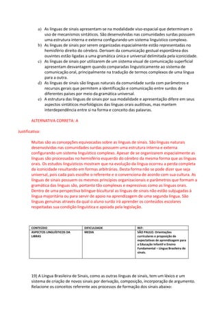 a) As línguas de sinais apresentam-se na modalidade viso-espacial que determinam o
               uso de mecanismos sintáticos. São desenvolvidas nas comunidades surdas possuem
               uma estrutura interna e externa configurando um sistema linguístico complexo.
            b) As línguas de sinais por serem organizadas espacialmente estão representadas no
               hemisfério direito do cérebro. Derivam da comunicação gestual espontânea dos
               ouvintes estão ligadas a uma gramática única e universal delimitada pela iconicidade.
            c) As línguas de sinais por utilizarem de um sistema visual de comunicação superficial
               apresentam desvantagem quando comparadas linguisticamente ao sistema de
               comunicação oral, principalmente na tradução de termos complexos de uma língua
               para a outra.
            d) As línguas de sinais são línguas naturais da comunidade surda com parâmetros e
               recursos gerais que permitem a identificação e comunicação entre surdos de
               diferentes países por meio da gramática universal.
            e) A estrutura das línguas de sinais por sua modalidade e apresentação difere em seus
               aspectos sintáticos morfológicos das línguas orais-auditivas, mas mantem
               interdependência entre si na forma e conceito das palavras.

        ALTERNATIVA CORRETA: A

Justificativa:

        Muitas são as concepções equivocadas sobre as línguas de sinais. São línguas naturais
        desenvolvidas nas comunidades surdas possuem uma estrutura interna e externa
        configurando um sistema linguístico complexo. Apesar de se organizarem espacialmente as
        línguas são processadas no hemisfério esquerdo do cérebro da mesma forma que as línguas
        orais. Os estudos linguísticos mostram que na evolução da língua ocorreu a perda completa
        da iconicidade resultando em formas arbitrárias. Desta forma não se pode dizer que seja
        universal, pois cada país escolhe o referente e o convenciona de acordo com sua cultura. As
        línguas de sinais possuem os mesmos princípios organizacionais e parâmetros que formam a
        gramática das línguas são, portanto tão complexas e expressivas como as línguas orais.
        Dentro de uma perspectiva bilíngue-bicultural as línguas de sinais não estão subjugadas à
        língua majoritária ou para servir de apoio na aprendizagem de uma segunda língua. São
        línguas genuínas através da qual o aluno surdo irá aprender os conteúdos escolares
        respeitadas sua condição linguística e apoiada pela legislação.



        CONTEÚDO                     DIFICULDADE                  REF:
        ASPECTOS LINGUÍSTICOS DA     MEDIA                        SÃO PAULO. Orientações
        LIBRAS                                                    curriculares e proposição de
                                                                  expectativas de aprendizagem para
                                                                  a Educação Infantil e Ensino
                                                                  Fundamental – Língua Brasileira de
                                                                  sinais.




        19) A Língua Brasileira de Sinais, como as outras línguas de sinais, tem um léxico e um
        sistema de criação de novos sinais por derivação, composição, incorporação de argumento.
        Relacione os conceitos referente aos processos de formação dos sinais abaixo:
 
