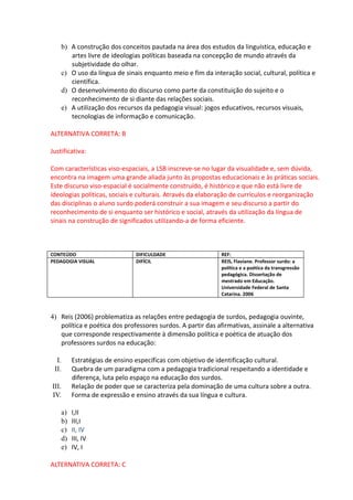b) A construção dos conceitos pautada na área dos estudos da linguística, educação e
          artes livre de ideologias políticas baseada na concepção de mundo através da
          subjetividade do olhar.
       c) O uso da língua de sinais enquanto meio e fim da interação social, cultural, política e
          científica.
       d) O desenvolvimento do discurso como parte da constituição do sujeito e o
          reconhecimento de si diante das relações sociais.
       e) A utilização dos recursos da pedagogia visual: jogos educativos, recursos visuais,
          tecnologias de informação e comunicação.

ALTERNATIVA CORRETA: B

Justificativa:

Com características viso-espaciais, a LSB inscreve-se no lugar da visualidade e, sem dúvida,
encontra na imagem uma grande aliada junto às propostas educacionais e às práticas sociais.
Este discurso viso-espacial é socialmente construído, é histórico e que não está livre de
ideologias políticas, sociais e culturais. Através da elaboração de currículos e reorganização
das disciplinas o aluno surdo poderá construir a sua imagem e seu discurso a partir do
reconhecimento de si enquanto ser histórico e social, através da utilização da língua de
sinais na construção de significados utilizando-a de forma eficiente.



CONTEÚDO                         DIFICULDADE                   REF:
PEDAGOGIA VISUAL                 DIFÍCIL                       REIS, Flaviane. Professor surdo: a
                                                               política e a poética da transgressão
                                                               pedagógica. Dissertação de
                                                               mestrado em Educação.
                                                               Universidade Federal de Santa
                                                               Catarina. 2006



4) Reis (2006) problematiza as relações entre pedagogia de surdos, pedagogia ouvinte,
   política e poética dos professores surdos. A partir das afirmativas, assinale a alternativa
   que corresponde respectivamente à dimensão política e poética de atuação dos
   professores surdos na educação:

  I.        Estratégias de ensino específicas com objetivo de identificação cultural.
 II.        Quebra de um paradigma com a pedagogia tradicional respeitando a identidade e
            diferença, luta pelo espaço na educação dos surdos.
III.        Relação de poder que se caracteriza pela dominação de uma cultura sobre a outra.
IV.         Forma de expressão e ensino através da sua língua e cultura.

       a)   I,II
       b)   III,I
       c)   II, IV
       d)   III, IV
       e)   IV, I

ALTERNATIVA CORRETA: C
 