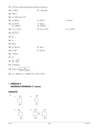 37.	 5√2 m/s; aproximando do local do arremesso.
	38.	 a)	 40 m 	

b)	 ≈ 20 km/h

	39.	 440 m
	40.	 θ ≈ 0,04 rad ≈ 2,3º
	41.	 a)	 900 m	

b)	 125 m	

	42.	 a)	10√3 s	
		 b)	 1.600 m	

c)	 34,6 s
d)	 3.460 m

	43.	 a)	t1 = 0,5 s	

b)	 VH = 6 m/s 	

c)	 540 m

c)	 t2 = 0,67 s

	44.	
	45.	

1
2

	46.	 4
	47.	 50 m
	48.	 a)	 20 m/s	

b)	 40 m

	49.	 a)	 30º	

b)	 20 m/s

	50.	 1.675 m
	51.	 A
	52.	
	53.	 5o degrau
	54.	 D sec α
	55.	 v0 = 400 m/s; h = 4.600 m; R ≈ 1,66 × 104 m

	

Módulo 5

	 MECÂNICA DINÂMICA (1a parte)
GABARITO
	1.

			

			
Física	

11	

Curso pH

 