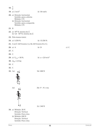18.	

1
2

	19.	 a)	 2 m/s2	

b)	 50 rad/s

	20.	 a)	 Direção: horizontal
			 Sentido: para a direita
			 Módulo: 2 N
		 b)	 Direção: horizontal
			 Sentido: para a esquerda
			 Módulo: 2 N
	21.	 B
	22.	 a)	104 N; mesma da
		b)	1,6 ⋅ 103 N; mesma da
	23.	 Pela massa maior.
	24.	 a)	 5.250 N;	

b)	 15.250 N.

	25.	 5 m/s2; 50 N (entre A e B); 30 N (entre B e C).
	26.	 a)	A	

b)	D	

c)	C

	27.	 C
	28.	 C
	29.	 a)	FCA = 50 N; 	

b)	 a = 2,0 m/s2

	30.	 mB = 2,5 kg
	31.	 C
	32.	 C
	33.	 1a)	

1b)	 600 N

			
		 2a)	

			

2b)	 P – N = ma

	

2c)	 540 N

	34.	 a)	 Módulo: 30 N
			 Direção: Vertical
			 Sentido: Para cima
		 b)	 Módulo: 650 N
			 Direção: Vertical
			 Sentido: Para cima
Física	

13	

Curso pH

 