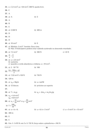 35.	 a = 2,2 m/s2; g = 9,8 m/s2; 588 N; queda livre.
	36.	 C
	37.	 A
	38.	 a)	 A 	

b)	 E

	39.	 A
	40.	 B
	41.	 E
	42.	 a)	 2.500 N	

b)	 400 m

	43.	 D
	44.	 D
	45.	 D
	46.	 a)	 10 m/s2	

b)	0

	47.	 a)	 Módulo: 2 m/s2. Sentido: Para cima
		 b)	 Não. O helicóptero poderá estar subindo acelerado ou descendo retardado.
	48.	 a)	 7,5 m/s2	

b)	 300 N

	

c)	 45 N

	49.	
	50.	 a)	 a = 2,0 m/s2
		b)	aumenta
		 c)	 quando a corda abandona a roldana; a = 10 m/s2.
	51.	 a)	2 ⋅ 10–4 N	
	52.	

b)	 100

(m – M)(a + g)
2

	53.	 a)	 7,52 m/s2 e 150 N	

b)	 750 N

	54.	 120 m
	55.	 a)	x0 = Mg/k	

b)	 a = kd/M

	56.	 a)	 12 blocos	

b)	 próximo ao suporte

	57.
	58.	 a)	 T = m1g	

b)	a2 = –[(m2 + m1)/m2]g

	59.	 aA = 4,4 m/s2
		aB = 8,8 m/s2
10
20
	60.	 a)	a1 =
m/s2 e a2 =
m/s2
19
19
180
	 b)	 T =
N
19
	61.	 a)	 a = b = 0;	

b)	 a = 0; b = 5 m/s2	

c)	 a = 5 m/s2; b = 15 m/s2

	62.	 300 m
	63.	 E
	64.	 C
	65.	 Em: 1: 1.470 N; em 2 e 3: 735 N; força sobre a plataforma = 245 N.
Curso pH	

14	

Física

 