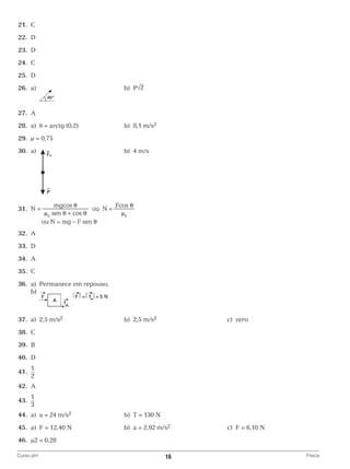 21.	 C
	22.	 D
	23.	 D
	24.	 C
	25.	 D
	26.	 a)		

b)	P√2

			
	27.	 A
	28.	 a)	 θ = arctg (0,2) 	

b)	 8,1 m/s2

	29.	 μ = 0,75
	30.	 a)		

b)	 4 m/s

			
	31.	

	32.	 A
	33.	 D
	34.	 A
	35.	 C
	36.	 a)	 Permanece em repouso;
		b)	

	37.	 a)	 2,5 m/s2	

b)	 2,5 m/s2	

c)	zero

	38.	 C
	39.	 B
	40.	 D
	41.	

1
2

	42.	 A
	43.	

1
3

	44.	 a)	 a = 24 m/s2	

b)	 T = 130 N

	45.	 a)	 F = 12,40 N	

b)	 a = 2,92 m/s2	

c)	 F = 6,10 N

	46.	 μ2 = 0,28
Curso pH	

16	

Física

 