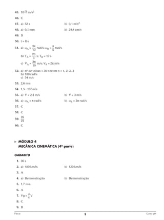 45.	 10√2 m/s2
	46.	 C
	47.	 a)	 52 s	

b)	 0,1 m/s2

	48.	 a)	 0,1 mm	

b)	 24,4 cm/s

	49.	 D
	50.	 t = 8 s
	51.	 a)	 ωA =

3π
π
rad/s; ωB = rad/s
10
5

20
s; TB = 10 s
3
3π
		c)	VA =
m/s; VB = 2π m/s
10

		b)	TA =

	52.	 a)	no de voltas = 30 n (com n = 1, 2, 3...)
		 b)	 180 rad/s
		 c)	 54 m/s
	53.	 2,6 m/s
	54.	 1,5 ⋅ 103 m/s
	55.	 a)	 V = 2,4 m/s	

b)	 V = 3 m/s

	56.	 a)	 ωA = π rad/s	

b)	 ωB = 3π rad/s

	57.	 C
	58.	 C
	59.	

26
25

	60.	 C

	

Módulo 4

	 MECÂNICA CINEMÁTICA (4a parte)
GABARITO
	1.	 s
36
	2.	 480 km/h;	
a)	

b)	 120 km/h

	3.	
A
	4.	
a)	Demonstração	

b)	Demonstração

	5.	 m/s
1,7
	6.	
A
	7.	 =
Vg

3
V
4

	8.	
C
	9.	
B
Física	

9	

Curso pH

 