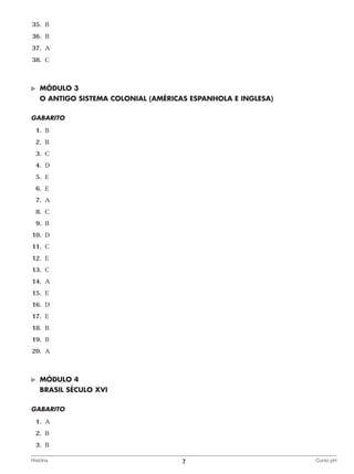 35.	 B
	36.	 B
	37.	 A
	38.	 C

©	

MÓDULO 3

	 O ANTIGO SISTEMA COLONIAL (AMÉRICAS ESPANHOLA E INGLESA)
GABARITO
	1.	
B
	 2.	
B
	3.	
C
	4.	
D
	5.	
E
	6.	
E
	7.	
A
	8.	
C
	9.	
B
	10.	 D
	11.	 C
	12.	E
	13.	 C
	14.	 A
	15.	 E
	16.	 D
	17.	 E
	18.	 B
	19.	 B
	20.	 A

©	

MÓDULO 4

	 BRASIL SÉCULO XVI
GABARITO
	1.	
A
	 2.	
B
	3.	
B
História	

7	

Curso pH

 