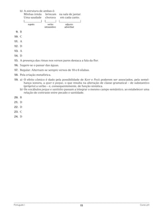 b)	 A estrutura de ambas é:
			 Minhas irmãs brincam
			 Uma saudade chorava

na sala de jantar.
em cada canto.

		
	9.	
B
	10.	 C
	11.	 A
	12.	 D
	13.	 A
	14.	 D
	15.	 A presença das rimas nos versos pares destaca a fala da flor.
	16.	 Sugere-se o passar das águas.
	17.	 Regular. Alternam-se sempre versos de 10 e 6 sílabas.
	18.	 Pela criação metafórica.
	19.	 a)	 efeito cômico é dado pela possibilidade de Kerr e Peck poderem ser associados, pela semelO
hança sonora, a quer e peque, o que resulta na alteração de classe gramatical – de substantivo
(próprio) a verbo – e, consequentemente, de função sintática.
		 b)	Os vocábulos peque e santinho passam a integrar o mesmo campo semântico, ao estabelecer uma
relação de contraste entre pecado e santidade.
	20.	 B
	21.	 D
	22.	 D
	23.	 C
	24.	 D

Português I	

11	

Curso pH

 