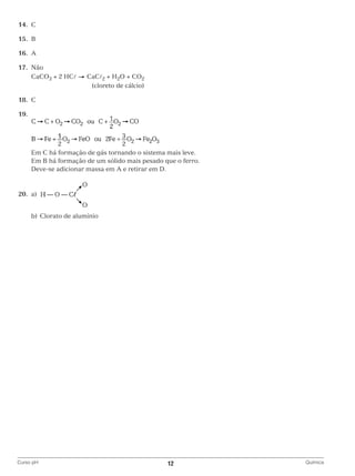 14.	C
	15.	B
	16.	A
	17.	Não
		CaCO3 + 2 HC

CaC2 + H2O + CO2
(cloreto de cálcio)

	18.	C
	19.	

		
		 Em C há formação de gás tornando o sistema mais leve.
		 Em B há formação de um sólido mais pesado que o ferro.
		 Deve-se adicionar massa em A e retirar em D.

	20.	a)
			
		 b)	 Clorato de alumínio

Curso pH	

12	

Química

 