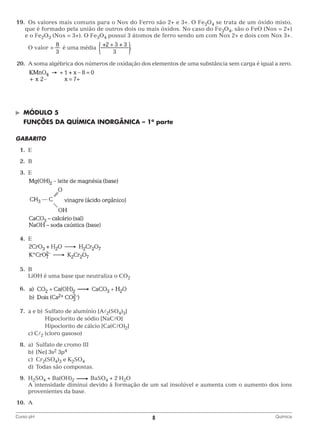 19.	 valores mais comuns para o Nox do Ferro são 2+ e 3+. O Fe3O4 se trata de um óxido misto,
Os
que é formado pela união de outros dois ou mais óxidos. No caso do Fe3O4, são o FeO (Nox = 2+)
e o Fe2O3 (Nox = 3+). O Fe3O4 possui 3 átomos de ferro sendo um com Nox 2+ e dois com Nox 3+.
		 O valor +

é uma média

.

	20.	 soma algébrica dos números de oxidação dos elementos de uma substância sem carga é igual a zero.
A
		

©	

Módulo 5

	 FUNÇÕES DA QUÍMICA INORGÂNICA – 1a parte
GABARITO
	1.	
E
	2.	B
	3.	E

		
	4.	E
		
	5.	B
		 LiOH é uma base que neutraliza o CO2
	6.	
		
	7.	 a e b)	 Sulfato de alumínio [A2(SO4)3]
			
Hipoclorito de sódio [NaCO]
			
Hipoclorito de cálcio [Ca(CO)2]
		 c) C2 (cloro gasoso)
	8.	 a)	 Sulfato de cromo III
		 b)	 [Ne] 3s2 3p4
		c)	Cr2(SO4)3 e K2SO4
	
	 d)	 Todas são compostas.
	9.	H2SO4 + Ba(OH)2
BaSO4 + 2 H2O
		 intensidade diminui devido à formação de um sal insolúvel e aumenta com o aumento dos íons
A
provenientes da base.
	10.	A
Curso pH	

8	

Química

 