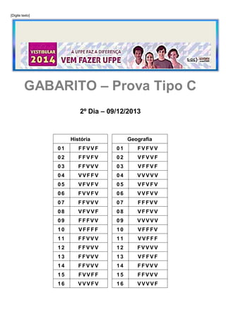 [Digite texto]

GABARITO – Prova Tipo C
2º Dia – 09/12/2013

História

Geografia

01

FFVVF

01

FVFVV

02

FFVFV

02

VFVVF

03

FFVVV

03

VFFVF

04

VVFFV

04

VVVVV

05

VFVFV

05

VFVFV

06

FVVFV

06

VVFVV

07

FFVVV

07

FFFVV

08

VFVVF

08

VFFVV

09

FFFVV

09

VVVVV

10

VFFFF

10

VFFFV

11

FFVVV

11

VVFFF

12

FFVVV

12

FVVVV

13

FFVVV

13

VFFVF

14

FFVVV

14

FFVVV

15

FVVFF

15

FFVVV

16

VVVFV

16

VVVVF

 