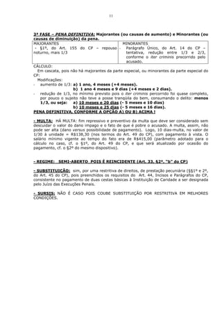 11



3ª FASE – PENA DEFINITIVA: Majorantes (ou causas de aumento) e Minorantes (ou
causas de diminuição) da pena.
MAJORANTES                                   MINORANTES
 - §1º, do Art. 155 do CP – repouso - Parágrafo Único, do Art. 14 do CP –
noturno, mais 1/3                              tentativa, redução entre 1/3 e 2/3,
                                               conforme o iter criminis precorrido pelo
                                               acusado.
CÁLCULO:
  Em cascata, pois não há majorantes da parte especial, ou minorantes da parte especial do
CP:
  Modificações:
- aumento de 1/3: a) 1 ano, 4 meses (+4 meses).
                    b) 1 ano 4 meses e 9 dias (+4 meses e 2 dias).
- redução de 1/3, no mínimo previsto pois o iter criminis percorrido foi quase completo,
    por pouco o sujeito não teve a posse tranqüila do bem, consumando o delito: menos
    1/3, ou seja:   a) 10 meses e 20 dias (- 5 meses e 10 dias)
                    b) 10 meses e 25 dias (- 5 meses e 16 dias).
PENA DEFINITIVA, CONFORME A OPÇÃO A) OU B) ACIMA !

- MULTA: HÁ MULTA: fim repressivo e preventivo da multa que deve ser considerado sem
descuidar o valor do dano impago e o fato de que é pobre o acusado. A multa, assim, não
pode ser alta (dano versus possibilidade de pagamento). Logo, 10 dias-multa, no valor de
1/30 à unidade = R$138,30 (nos termos do Art. 49 do CP), com pagamento à vista. O
salário mínimo vigente ao tempo do fato era de R$415,00 (parâmetro adotado para o
cálculo no caso, cf. o §1º, do Art. 49 do CP, e que será atualizado por ocasião do
pagamento, cf. o §2º do mesmo dispositivo).


- REGIME: _SEMI-ABERTO_POIS É REINCIDENTE (Art. 33, §2º, “b” do CP)

- SUBSTITUIÇÃO: sim, por uma restritiva de direitos, de prestação pecuniária (§§1º e 2º,
do Art. 45 do CP), pois preenchidos os requisitos do Art. 44, Incisos e Parágrafos do CP,
consistente no pagamento de duas cestas básicas à Instituição de Caridade a ser designada
pelo Juízo das Execuções Penais.

- SURSIS: NÃO É CASO POIS COUBE SUBSTITUIÇÃO POR RESTRITIVA EM MELHORES
CONDIÇÕES.
 