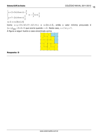 Sistema ELITE de Ensino                                                 COLÉGIO NAVAL 2011/2012
                                                                                                   16
                        2
 x = 2 + 3t ≥ 0 ⇔ t ≥ − 3
                                  2        7
                           ⇒ − ≤t≤
 y = 7 − 2t ≥ 0 ⇔ t ≤ 7           3        2

                      2
t ∈ » ⇒ t ∈ {0,1, 2,3}
Como x + y = ( 2 + 3t ) + ( 7 − 2t ) = 9 + t e t ∈ {0,1, 2,3} , então o valor mínimo procurado é
( x + y ) MIN = 9 + 0 = 9   que ocorre quando t = 0 . Neste caso, x = 2 e y = 7 .
A figura a seguir ilustra o caso encontrado acima




Resposta: D




                                            www.sistemaelite.com.br
 