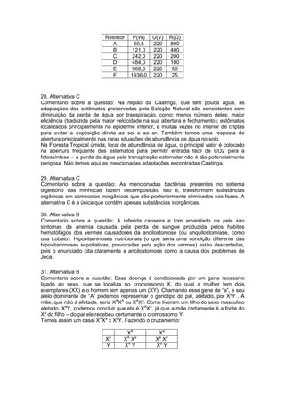 Resistor P(W) U(V) R( )
A 60,5 220 800
B 121,0 220 400
C 242,0 220 200
D 484,0 220 100
E 968,0 220 50
F 1936,0 220 25
28. Alternativa C
Comentário sobre a questão: Na região da Caatinga, que tem pouca água, as
adaptações dos estômatos preservadas pela Seleção Natural são consistentes com
diminuição da perda de água por transpiração, como: menor número deles; maior
eficiência (traduzida pela maior velocidade na sua abertura e fechamento); estômatos
localizados principalmente na epiderme inferior, e muitas vezes no interior de criptas
para evitar a exposição direta ao sol e ao ar. Também temos uma resposta de
abertura principalmente nas raras situações de abundância de água no solo.
Na Floresta Tropical úmida, local de abundância de água, o principal valor é colocado
na abertura freqüente dos estômatos para permitir entrada fácil de CO2 para a
fotossíntese – a perda de água pela transpiração estomatar não é tão potencialmente
perigosa. Não temos aqui as mencionadas adaptações encontradas Caatinga.
29. Alternativa C
Comentário sobre a questão: As mencionadas bactérias presentes no sistema
digestório das minhocas fazem decomposição, isto é, transformam substâncias
orgânicas em compostos inorgânicos que são posteriormente eliminados nas fezes. A
alternativa C é a única que contém apenas substâncias inorgânicas.
30. Alternativa B
Comentário sobre a questão: A referida canseira e tom amarelado da pele são
sintomas da anemia causada pela perda de sangue produzida pelos hábitos
hematófagos dos vermes causadores da ancilostomose (ou anquilostomíase, como
usa Lobato). Hipovitaminoses nutricionais (o que seria uma condição diferente das
hipovitaminoses espoliativas, provocadas pela ação dos vermes) estão descartadas,
pois o enunciado cita claramente a ancilostomose como a causa dos problemas de
Jeca.
31. Alternativa B
Comentário sobre a questão: Essa doença é condicionada por um gene recessivo
ligado ao sexo, que se localiza no cromossomo X, do qual a mulher tem dois
exemplares (XX) e o homem tem apenas um (XY). Chamando esse gene de “a”, e seu
alelo dominante de “A” podemos representar o genótipo do pai, afetado, por Xa
Y . A
mãe, que não é afetada, seria XA
XA
ou XA
Xa
. Como tiveram um filho do sexo masculino
afetado, Xa
Y, podemos concluir que ela é XA
Xa
, já que a mãe certamente é a fonte do
Xa
do filho – do pai ele recebeu certamente o cromossomo Y.
Temos assim um casal XA
Xa
x Xa
Y. Fazendo o cruzamento:
XA
Xa
Xa
XA
Xa
Xa
Xa
Y XA
Y Xa
Y
 