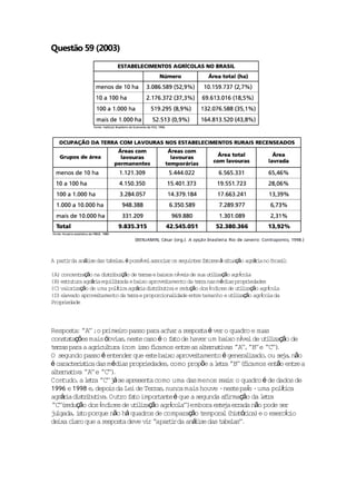 Questão 59 (2003)




A par i da aná i das t la ,é possve assoc ros segu tes f to à s tuação agrá i no Bras l
     tr       l se    abe s      í l     ia       in    a res i            ra        i:

(A) concen ração na d s r ição de t r a e ba
           t         i t ibu        er s     ixos níve s de sua u ii ção agrco
                                                      i          t l za       í la
(B) es ru ra agrá i equ l rada e ba aprove t
      t tu       r a i ib          ixo        i amento da t r a nas m édias propr
                                                           er                     iedades
(C) va r zação de uma po í i agrá i d s r t e r ção dos índices de u ii ção agrco
      lo i                lt ca    r a i t ibu iva edu                       t l za       í la
(D) elevado aprove t
                  i amen da t r a e proporc l
                          to    er                        t amanho e u ii ção agrco da
                                             iona idade en re t           t l za       í la
Propriedade



Respos a ' ' ;o pr i passo pa achar a r spos é ver o quadro e suas
        t : 'A'      ime ro         ra         e ta
cons a ações mais óbv s nes e caso é o f to de haver um ba níve de u ii ção de
     tt                 ia , t             a                ixo     l    t l za
t r a pa a ag i l ra (
 e r s ra       r cu tu com i so f camos en re as a t rna ivas ' ',' ' e ' ')
                                s i          t      le t        'A' 'B' 'C'.
O segundo passo é en                t ixo       i amen é genera i ,ou se a não
                       tende que es e ba aprove t
                            r                           to         l zado       j,
é ca t r si das médias propr edades como propõe a l t a ' ' ( i
    rac e i t ca                 i       ,               e r 'B' f camos en ão en r a
                                                                             t      te
a t rna iva ' ' e ' ')
 l e t 'A' 'C'.
         , e r 'C' á
Contudo a l t a ' ' j se ap  resen a como uma das menos r i :o quadro é de dados de
                                  t                       ea s
1996 e 1998 e depo s da Le de Ter ,nunca mais houve -nes pas -uma po í i
               ,     i       i       ras                       te í           lt ca
agrá i d s r bu iva Out f to impor te é que a segunda a i ção da l t a
     r a i t i t . ro a               tan                   f rma       er
' '( edução dos índ
'C'r                 ices de u ii ação agrco ')embora es e a e rada não pode se
                              tl z        í la'          tj r                    r
j lgada i to porque não há quadros de comparação t
 u      ,s                                          empora (h s ó i )e o exercc
                                                           l i t r ca            í io
de c a que a r spos a deve v r'apar i da aná i das t la '.
  ixa l ro         e t            i ' tr         l se     abe s'
 