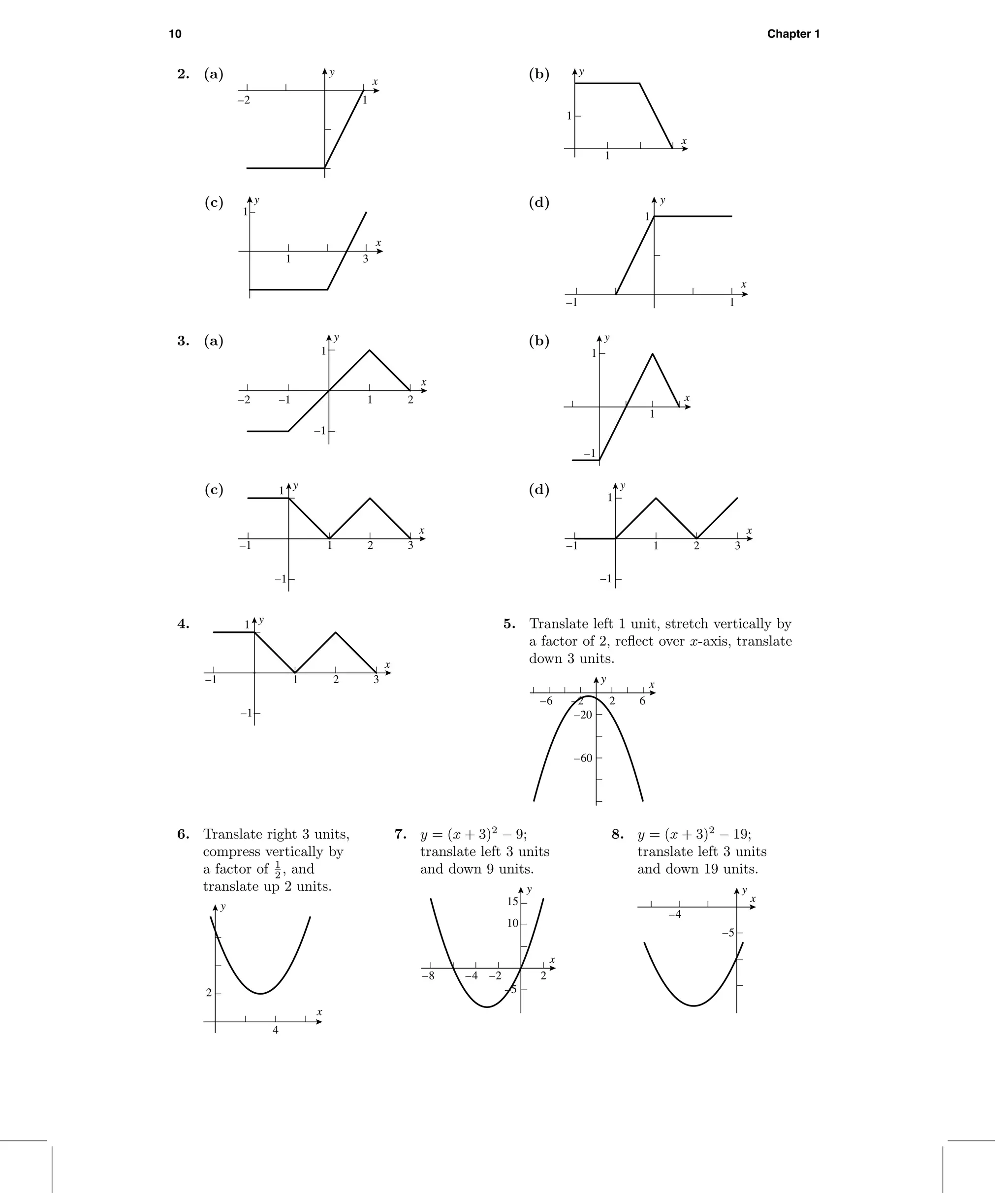 10 Chapter 1
2. (a) x
y
1–2
(b)
x
1
y
1
(c)
x
1 3
y
1
(d)
x
1
y
1
–1
3. (a)
–1
1
y
x
–2 –1 1 2
(b)
–1
1
y
1
x
(c)
–1
1 y
–1 1 2 3
x
(d)
–1
1
y
–1 1 2 3
x
4.
–1
1 y
–1 1 2 3
x
5. Translate left 1 unit, stretch vertically by
a factor of 2, reﬂect over x-axis, translate
down 3 units.
–60
–20
–6 –2 2 6
xy
6. Translate right 3 units,
compress vertically by
a factor of 1
2 , and
translate up 2 units.
y
x
2
4
7. y = (x + 3)2
− 9;
translate left 3 units
and down 9 units.
–5
10
15
–8 –4 –2 2
x
y
8. y = (x + 3)2
− 19;
translate left 3 units
and down 19 units.
y
x
–5
–4
 