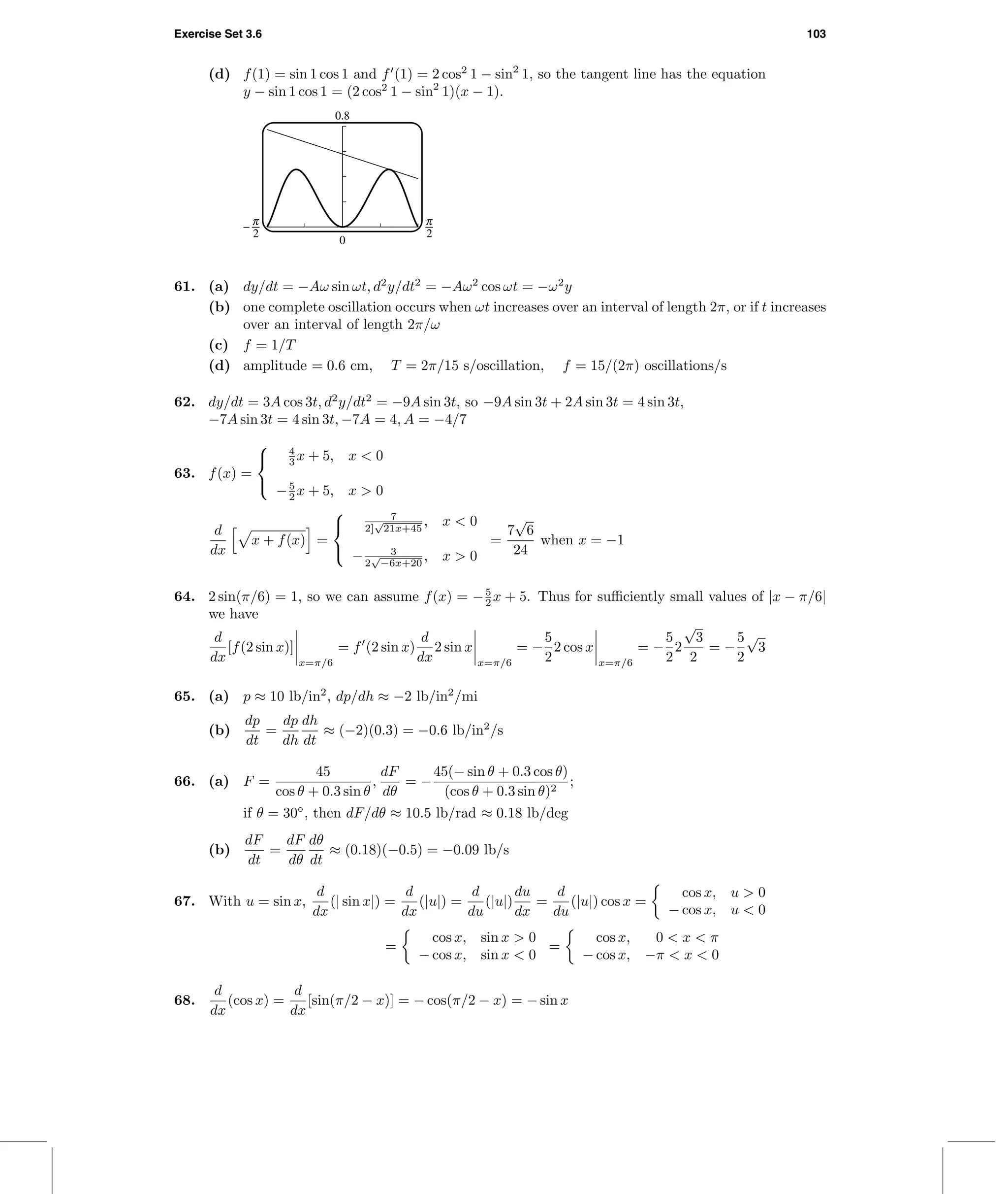 Exercise Set 3.6 103
(d) f(1) = sin 1 cos 1 and f (1) = 2 cos2
1 − sin2
1, so the tangent line has the equation
y − sin 1 cos 1 = (2 cos2
1 − sin2
1)(x − 1).
0.8
0
^ 6
61. (a) dy/dt = −Aω sin ωt, d2
y/dt2
= −Aω2
cos ωt = −ω2
y
(b) one complete oscillation occurs when ωt increases over an interval of length 2π, or if t increases
over an interval of length 2π/ω
(c) f = 1/T
(d) amplitude = 0.6 cm, T = 2π/15 s/oscillation, f = 15/(2π) oscillations/s
62. dy/dt = 3A cos 3t, d2
y/dt2
= −9A sin 3t, so −9A sin 3t + 2A sin 3t = 4 sin 3t,
−7A sin 3t = 4 sin 3t, −7A = 4, A = −4/7
63. f(x) =



4
3 x + 5, x < 0
−5
2 x + 5, x > 0
d
dx
x + f(x) =



7
2]
√
21x+45
, x < 0
− 3
2
√
−6x+20
, x > 0
=
7
√
6
24
when x = −1
64. 2 sin(π/6) = 1, so we can assume f(x) = −5
2 x + 5. Thus for suﬃciently small values of |x − π/6|
we have
d
dx
[f(2 sin x)]
x=π/6
= f (2 sin x)
d
dx
2 sin x
x=π/6
= −
5
2
2 cos x
x=π/6
= −
5
2
2
√
3
2
= −
5
2
√
3
65. (a) p ≈ 10 lb/in2
, dp/dh ≈ −2 lb/in2
/mi
(b)
dp
dt
=
dp
dh
dh
dt
≈ (−2)(0.3) = −0.6 lb/in2
/s
66. (a) F =
45
cos θ + 0.3 sin θ
,
dF
dθ
= −
45(− sin θ + 0.3 cos θ)
(cos θ + 0.3 sin θ)2
;
if θ = 30◦
, then dF/dθ ≈ 10.5 lb/rad ≈ 0.18 lb/deg
(b)
dF
dt
=
dF
dθ
dθ
dt
≈ (0.18)(−0.5) = −0.09 lb/s
67. With u = sin x,
d
dx
(| sin x|) =
d
dx
(|u|) =
d
du
(|u|)
du
dx
=
d
du
(|u|) cos x =
cos x, u > 0
− cos x, u < 0
=
cos x, sin x > 0
− cos x, sin x < 0
=
cos x, 0 < x < π
− cos x, −π < x < 0
68.
d
dx
(cos x) =
d
dx
[sin(π/2 − x)] = − cos(π/2 − x) = − sin x
 