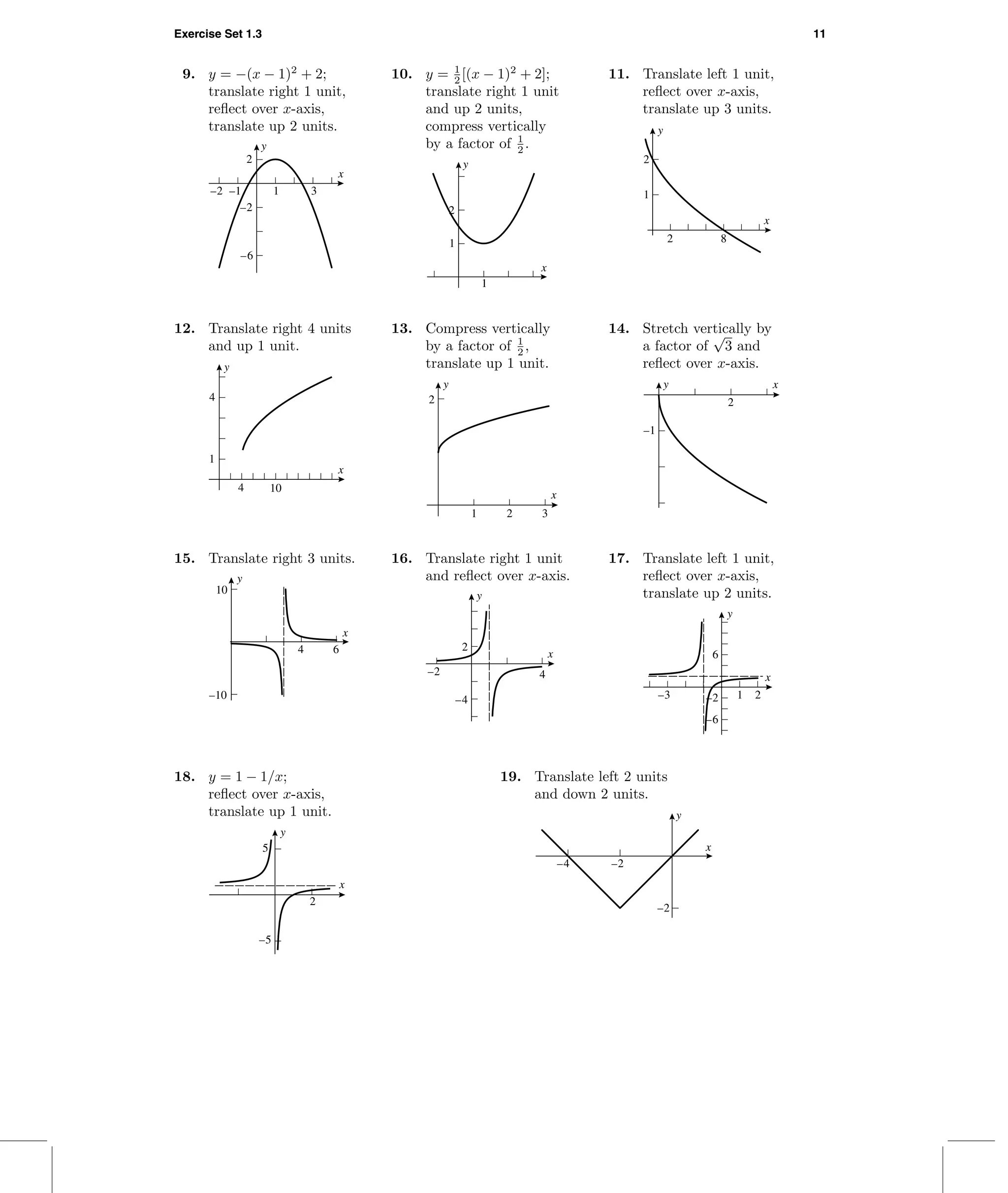Exercise Set 1.3 11
9. y = −(x − 1)2
+ 2;
translate right 1 unit,
reﬂect over x-axis,
translate up 2 units.
–6
–2
2
–2 –1 1 3
x
y
10. y = 1
2 [(x − 1)2
+ 2];
translate right 1 unit
and up 2 units,
compress vertically
by a factor of 1
2 .
y
x
1
2
1
11. Translate left 1 unit,
reﬂect over x-axis,
translate up 3 units.
1
2
2 8
x
y
12. Translate right 4 units
and up 1 unit.
y
x
1
4
4 10
13. Compress vertically
by a factor of 1
2 ,
translate up 1 unit.
2
y
1 2 3
x
14. Stretch vertically by
a factor of
√
3 and
reﬂect over x-axis.
y x
–1
2
15. Translate right 3 units.
–10
10
y
4 6
x
16. Translate right 1 unit
and reﬂect over x-axis.
y
x
–4
2
–2 4
17. Translate left 1 unit,
reﬂect over x-axis,
translate up 2 units.
–6
–2
6
y
–3 1 2
x
18. y = 1 − 1/x;
reﬂect over x-axis,
translate up 1 unit.
y
x
–5
5
2
19. Translate left 2 units
and down 2 units.
–2
–4 –2
x
y
 