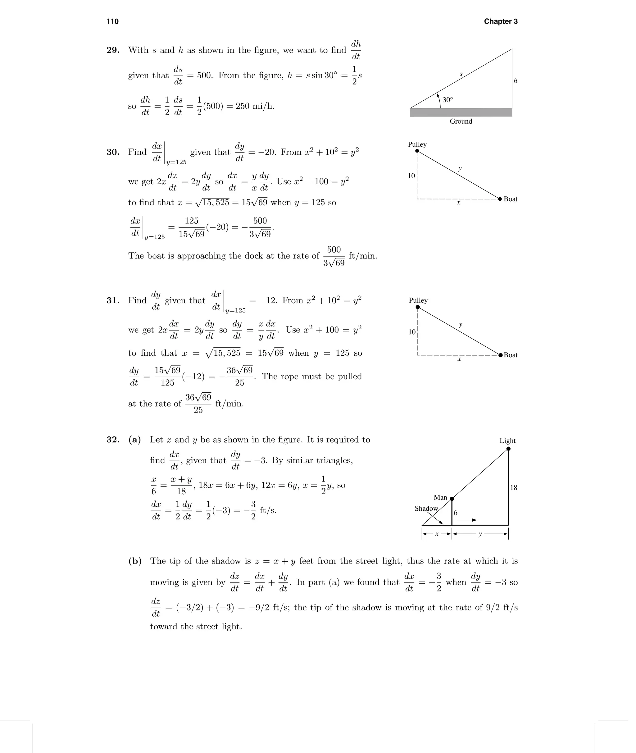 110 Chapter 3
29. With s and h as shown in the ﬁgure, we want to ﬁnd
dh
dt
given that
ds
dt
= 500. From the ﬁgure, h = s sin 30◦
=
1
2
s
so
dh
dt
=
1
2
ds
dt
=
1
2
(500) = 250 mi/h.
s
h
Ground
30°
30. Find
dx
dt y=125
given that
dy
dt
= −20. From x2
+ 102
= y2
we get 2x
dx
dt
= 2y
dy
dt
so
dx
dt
=
y
x
dy
dt
. Use x2
+ 100 = y2
to ﬁnd that x =
√
15, 525 = 15
√
69 when y = 125 so
dx
dt y=125
=
125
15
√
69
(−20) = −
500
3
√
69
.
The boat is approaching the dock at the rate of
500
3
√
69
ft/min.
y
x Boat
Pulley
10
31. Find
dy
dt
given that
dx
dt y=125
= −12. From x2
+ 102
= y2
we get 2x
dx
dt
= 2y
dy
dt
so
dy
dt
=
x
y
dx
dt
. Use x2
+ 100 = y2
to ﬁnd that x = 15, 525 = 15
√
69 when y = 125 so
dy
dt
=
15
√
69
125
(−12) = −
36
√
69
25
. The rope must be pulled
at the rate of
36
√
69
25
ft/min.
y
x
Boat
Pulley
10
32. (a) Let x and y be as shown in the ﬁgure. It is required to
ﬁnd
dx
dt
, given that
dy
dt
= −3. By similar triangles,
x
6
=
x + y
18
, 18x = 6x + 6y, 12x = 6y, x =
1
2
y, so
dx
dt
=
1
2
dy
dt
=
1
2
(−3) = −
3
2
ft/s. 6
18
Man
Shadow
Light
yx
(b) The tip of the shadow is z = x + y feet from the street light, thus the rate at which it is
moving is given by
dz
dt
=
dx
dt
+
dy
dt
. In part (a) we found that
dx
dt
= −
3
2
when
dy
dt
= −3 so
dz
dt
= (−3/2) + (−3) = −9/2 ft/s; the tip of the shadow is moving at the rate of 9/2 ft/s
toward the street light.
 