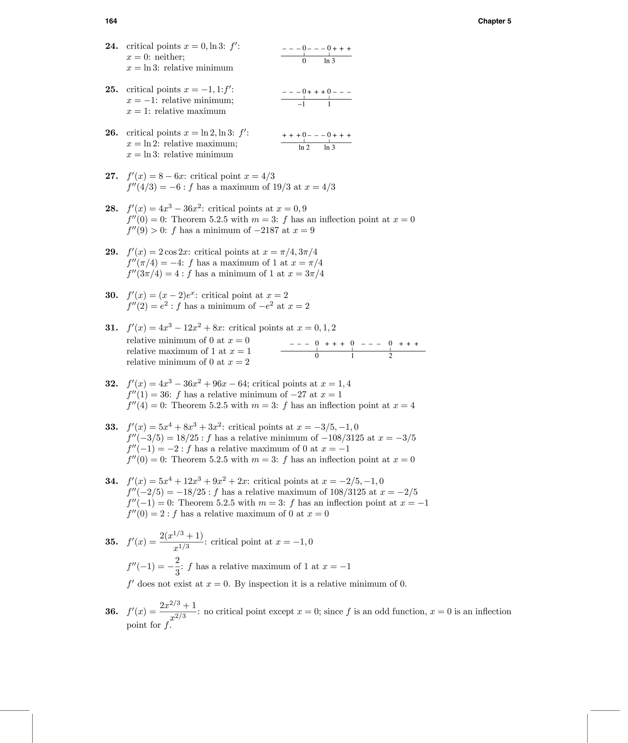164 Chapter 5
24. critical points x = 0, ln 3: f : 00
ln 30
– –– –– ++ +–
x = 0: neither;
x = ln 3: relative minimum
25. critical points x = −1, 1:f : 00
1–1
– +– +– –– –+
x = −1: relative minimum;
x = 1: relative maximum
26. critical points x = ln 2, ln 3: f : 00
ln 3ln 2
+ –+ –+ ++ +–
x = ln 2: relative maximum;
x = ln 3: relative minimum
27. f (x) = 8 − 6x: critical point x = 4/3
f (4/3) = −6 : f has a maximum of 19/3 at x = 4/3
28. f (x) = 4x3
− 36x2
: critical points at x = 0, 9
f (0) = 0: Theorem 5.2.5 with m = 3: f has an inﬂection point at x = 0
f (9) > 0: f has a minimum of −2187 at x = 9
29. f (x) = 2 cos 2x: critical points at x = π/4, 3π/4
f (π/4) = −4: f has a maximum of 1 at x = π/4
f (3π/4) = 4 : f has a minimum of 1 at x = 3π/4
30. f (x) = (x − 2)ex
: critical point at x = 2
f (2) = e2
: f has a minimum of −e2
at x = 2
31. f (x) = 4x3
− 12x2
+ 8x: critical points at x = 0, 1, 2
00 0
1 20
+ –+ –+– –– – + ++relative minimum of 0 at x = 0
relative maximum of 1 at x = 1
relative minimum of 0 at x = 2
32. f (x) = 4x3
− 36x2
+ 96x − 64; critical points at x = 1, 4
f (1) = 36: f has a relative minimum of −27 at x = 1
f (4) = 0: Theorem 5.2.5 with m = 3: f has an inﬂection point at x = 4
33. f (x) = 5x4
+ 8x3
+ 3x2
: critical points at x = −3/5, −1, 0
f (−3/5) = 18/25 : f has a relative minimum of −108/3125 at x = −3/5
f (−1) = −2 : f has a relative maximum of 0 at x = −1
f (0) = 0: Theorem 5.2.5 with m = 3: f has an inﬂection point at x = 0
34. f (x) = 5x4
+ 12x3
+ 9x2
+ 2x: critical points at x = −2/5, −1, 0
f (−2/5) = −18/25 : f has a relative maximum of 108/3125 at x = −2/5
f (−1) = 0: Theorem 5.2.5 with m = 3: f has an inﬂection point at x = −1
f (0) = 2 : f has a relative maximum of 0 at x = 0
35. f (x) =
2(x1/3
+ 1)
x1/3
: critical point at x = −1, 0
f (−1) = −
2
3
: f has a relative maximum of 1 at x = −1
f does not exist at x = 0. By inspection it is a relative minimum of 0.
36. f (x) =
2x2/3
+ 1
x2/3
: no critical point except x = 0; since f is an odd function, x = 0 is an inﬂection
point for f.
 