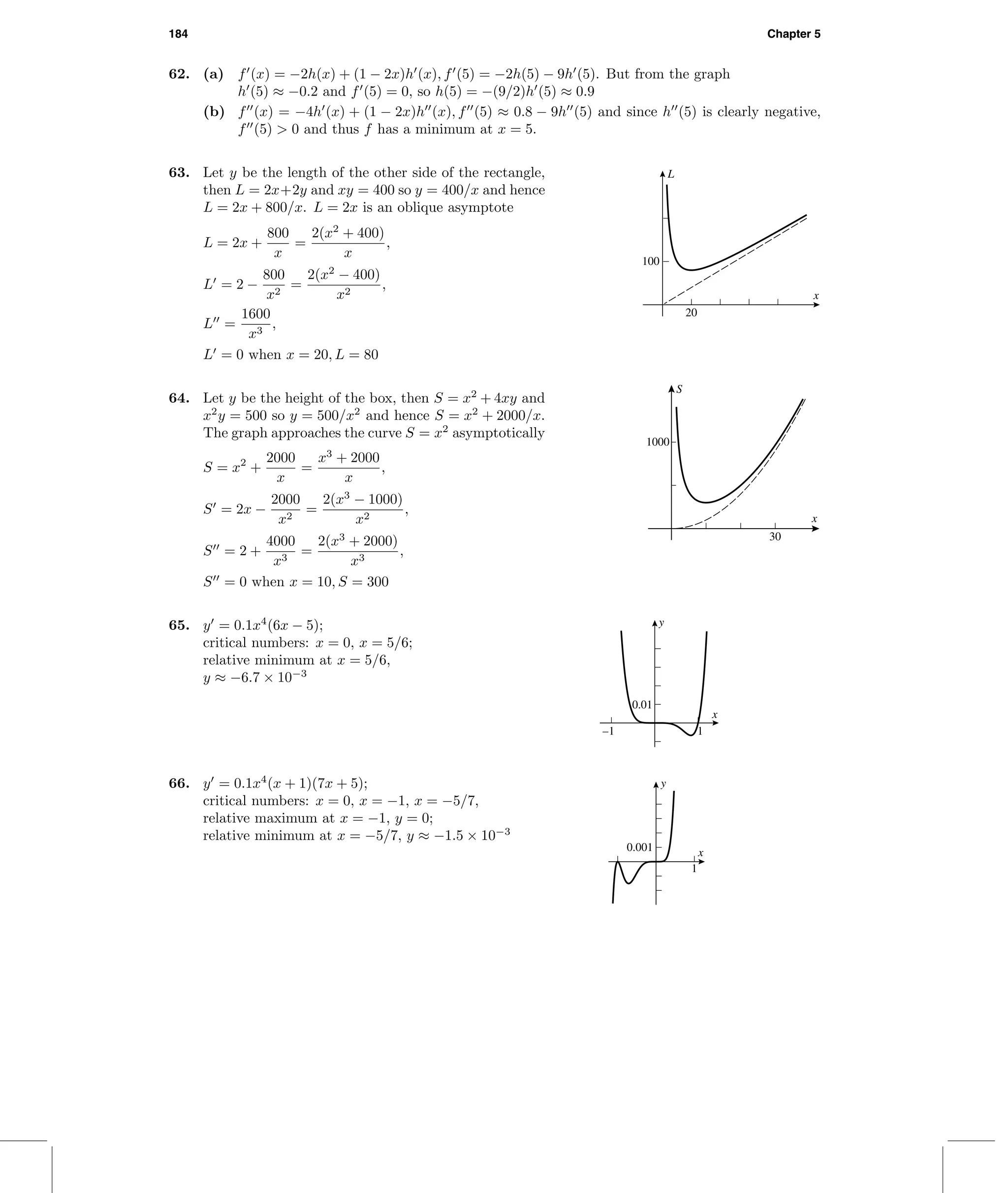 184 Chapter 5
62. (a) f (x) = −2h(x) + (1 − 2x)h (x), f (5) = −2h(5) − 9h (5). But from the graph
h (5) ≈ −0.2 and f (5) = 0, so h(5) = −(9/2)h (5) ≈ 0.9
(b) f (x) = −4h (x) + (1 − 2x)h (x), f (5) ≈ 0.8 − 9h (5) and since h (5) is clearly negative,
f (5) > 0 and thus f has a minimum at x = 5.
63. Let y be the length of the other side of the rectangle,
then L = 2x+2y and xy = 400 so y = 400/x and hence
L = 2x + 800/x. L = 2x is an oblique asymptote
L = 2x +
800
x
=
2(x2
+ 400)
x
,
L = 2 −
800
x2
=
2(x2
− 400)
x2
,
L =
1600
x3
,
L = 0 when x = 20, L = 80
20
100
x
L
64. Let y be the height of the box, then S = x2
+ 4xy and
x2
y = 500 so y = 500/x2
and hence S = x2
+ 2000/x.
The graph approaches the curve S = x2
asymptotically
S = x2
+
2000
x
=
x3
+ 2000
x
,
S = 2x −
2000
x2
=
2(x3
− 1000)
x2
,
S = 2 +
4000
x3
=
2(x3
+ 2000)
x3
,
S = 0 when x = 10, S = 300
30
1000
x
S
65. y = 0.1x4
(6x − 5);
critical numbers: x = 0, x = 5/6;
relative minimum at x = 5/6,
y ≈ −6.7 × 10−3
–1 1
0.01
x
y
66. y = 0.1x4
(x + 1)(7x + 5);
critical numbers: x = 0, x = −1, x = −5/7,
relative maximum at x = −1, y = 0;
relative minimum at x = −5/7, y ≈ −1.5 × 10−3
1
0.001 x
y
 