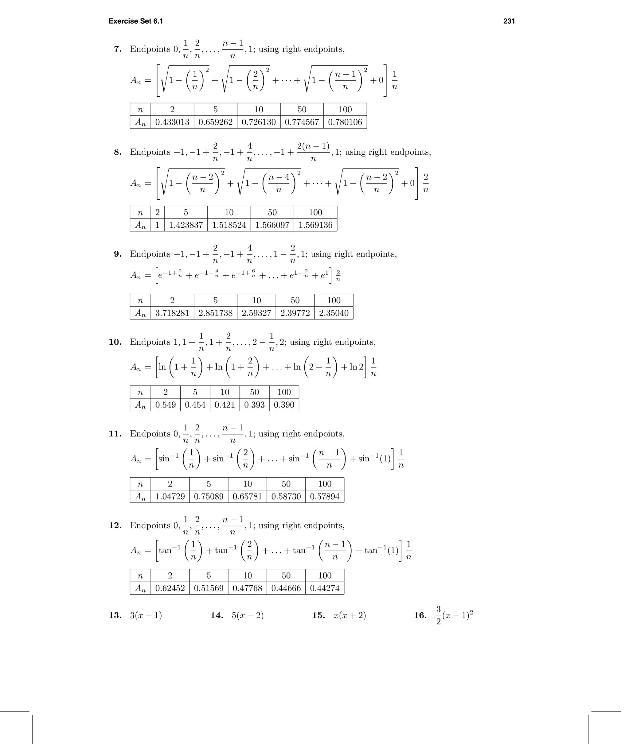 Exercise Set 6.1 231
7. Endpoints 0,
1
n
,
2
n
, . . . ,
n − 1
n
, 1; using right endpoints,
An =

 1 −
1
n
2
+ 1 −
2
n
2
+ · · · + 1 −
n − 1
n
2
+ 0

 1
n
n 2 5 10 50 100
An 0.433013 0.659262 0.726130 0.774567 0.780106
8. Endpoints −1, −1 +
2
n
, −1 +
4
n
, . . . , −1 +
2(n − 1)
n
, 1; using right endpoints,
An =

 1 −
n − 2
n
2
+ 1 −
n − 4
n
2
+ · · · + 1 −
n − 2
n
2
+ 0

 2
n
n 2 5 10 50 100
An 1 1.423837 1.518524 1.566097 1.569136
9. Endpoints −1, −1 +
2
n
, −1 +
4
n
, . . . , 1 −
2
n
, 1; using right endpoints,
An = e−1+ 2
n + e−1+ 4
n + e−1+ 6
n + . . . + e1− 2
n + e1 2
n
n 2 5 10 50 100
An 3.718281 2.851738 2.59327 2.39772 2.35040
10. Endpoints 1, 1 +
1
n
, 1 +
2
n
, . . . , 2 −
1
n
, 2; using right endpoints,
An = ln 1 +
1
n
+ ln 1 +
2
n
+ . . . + ln 2 −
1
n
+ ln 2
1
n
n 2 5 10 50 100
An 0.549 0.454 0.421 0.393 0.390
11. Endpoints 0,
1
n
,
2
n
, . . . ,
n − 1
n
, 1; using right endpoints,
An = sin−1 1
n
+ sin−1 2
n
+ . . . + sin−1 n − 1
n
+ sin−1
(1)
1
n
n 2 5 10 50 100
An 1.04729 0.75089 0.65781 0.58730 0.57894
12. Endpoints 0,
1
n
,
2
n
, . . . ,
n − 1
n
, 1; using right endpoints,
An = tan−1 1
n
+ tan−1 2
n
+ . . . + tan−1 n − 1
n
+ tan−1
(1)
1
n
n 2 5 10 50 100
An 0.62452 0.51569 0.47768 0.44666 0.44274
13. 3(x − 1) 14. 5(x − 2) 15. x(x + 2) 16.
3
2
(x − 1)2
 