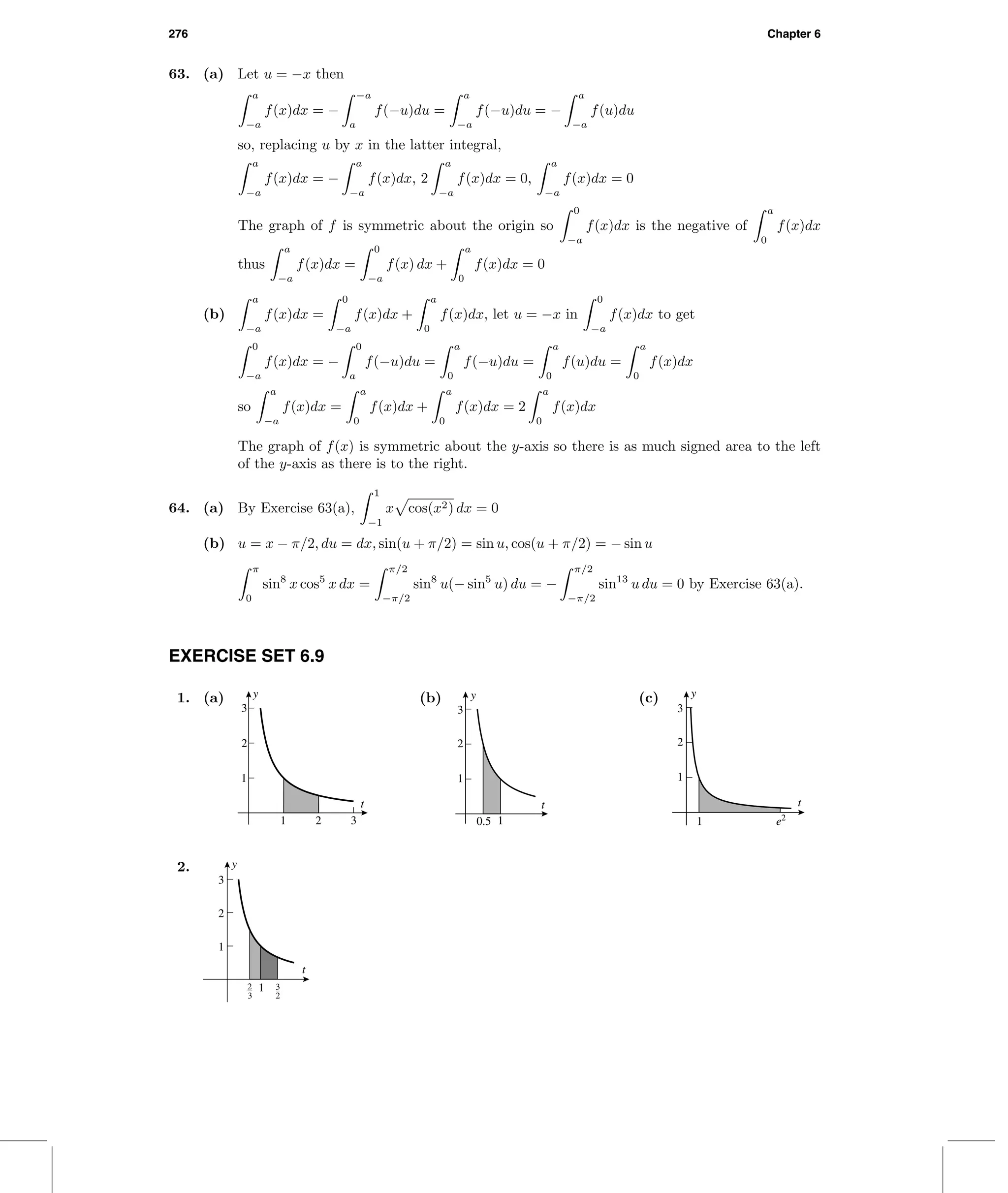 276 Chapter 6
63. (a) Let u = −x then
a
−a
f(x)dx = −
−a
a
f(−u)du =
a
−a
f(−u)du = −
a
−a
f(u)du
so, replacing u by x in the latter integral,
a
−a
f(x)dx = −
a
−a
f(x)dx, 2
a
−a
f(x)dx = 0,
a
−a
f(x)dx = 0
The graph of f is symmetric about the origin so
0
−a
f(x)dx is the negative of
a
0
f(x)dx
thus
a
−a
f(x)dx =
0
−a
f(x) dx +
a
0
f(x)dx = 0
(b)
a
−a
f(x)dx =
0
−a
f(x)dx +
a
0
f(x)dx, let u = −x in
0
−a
f(x)dx to get
0
−a
f(x)dx = −
0
a
f(−u)du =
a
0
f(−u)du =
a
0
f(u)du =
a
0
f(x)dx
so
a
−a
f(x)dx =
a
0
f(x)dx +
a
0
f(x)dx = 2
a
0
f(x)dx
The graph of f(x) is symmetric about the y-axis so there is as much signed area to the left
of the y-axis as there is to the right.
64. (a) By Exercise 63(a),
1
−1
x cos(x2) dx = 0
(b) u = x − π/2, du = dx, sin(u + π/2) = sin u, cos(u + π/2) = − sin u
π
0
sin8
x cos5
x dx =
π/2
−π/2
sin8
u(− sin5
u) du = −
π/2
−π/2
sin13
u du = 0 by Exercise 63(a).
EXERCISE SET 6.9
1. (a) y
t
1
2
3
1 2 3
(b) y
t
1
2
3
0.5 1
(c) y
t
1
2
3
1 e2
2. y
t
1
2
3
12
3
3
2
 