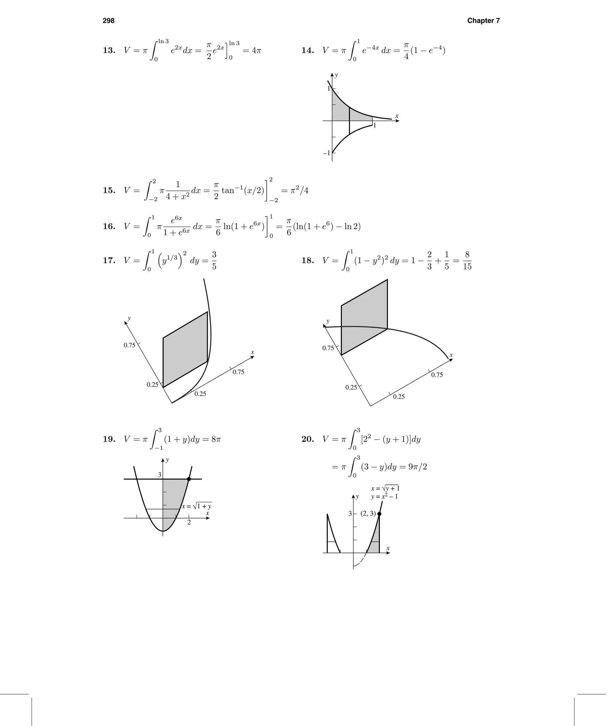 298 Chapter 7
13. V = π
ln 3
0
e2x
dx =
π
2
e2x
ln 3
0
= 4π 14. V = π
1
0
e−4x
dx =
π
4
(1 − e−4
)
1
–1
1
x
y
15. V =
2
−2
π
1
4 + x2
dx =
π
2
tan−1
(x/2)
2
−2
= π2
/4
16. V =
1
0
π
e6x
1 + e6x
dx =
π
6
ln(1 + e6x
)
1
0
=
π
6
(ln(1 + e6
) − ln 2)
17. V =
1
0
y1/3
2
dy =
3
5
0.25
0.75
0.25
0.75
x
y
18. V =
1
0
(1 − y2
)2
dy = 1 −
2
3
+
1
5
=
8
15
0.25
0.75
0.25
0.75
x
y
19. V = π
3
−1
(1 + y)dy = 8π
3
2
x
y
x = √1 + y
20. V = π
3
0
[22
− (y + 1)]dy
= π
3
0
(3 − y)dy = 9π/2
3 (2, 3)
x
y y = x2 – 1
x = √y + 1
 