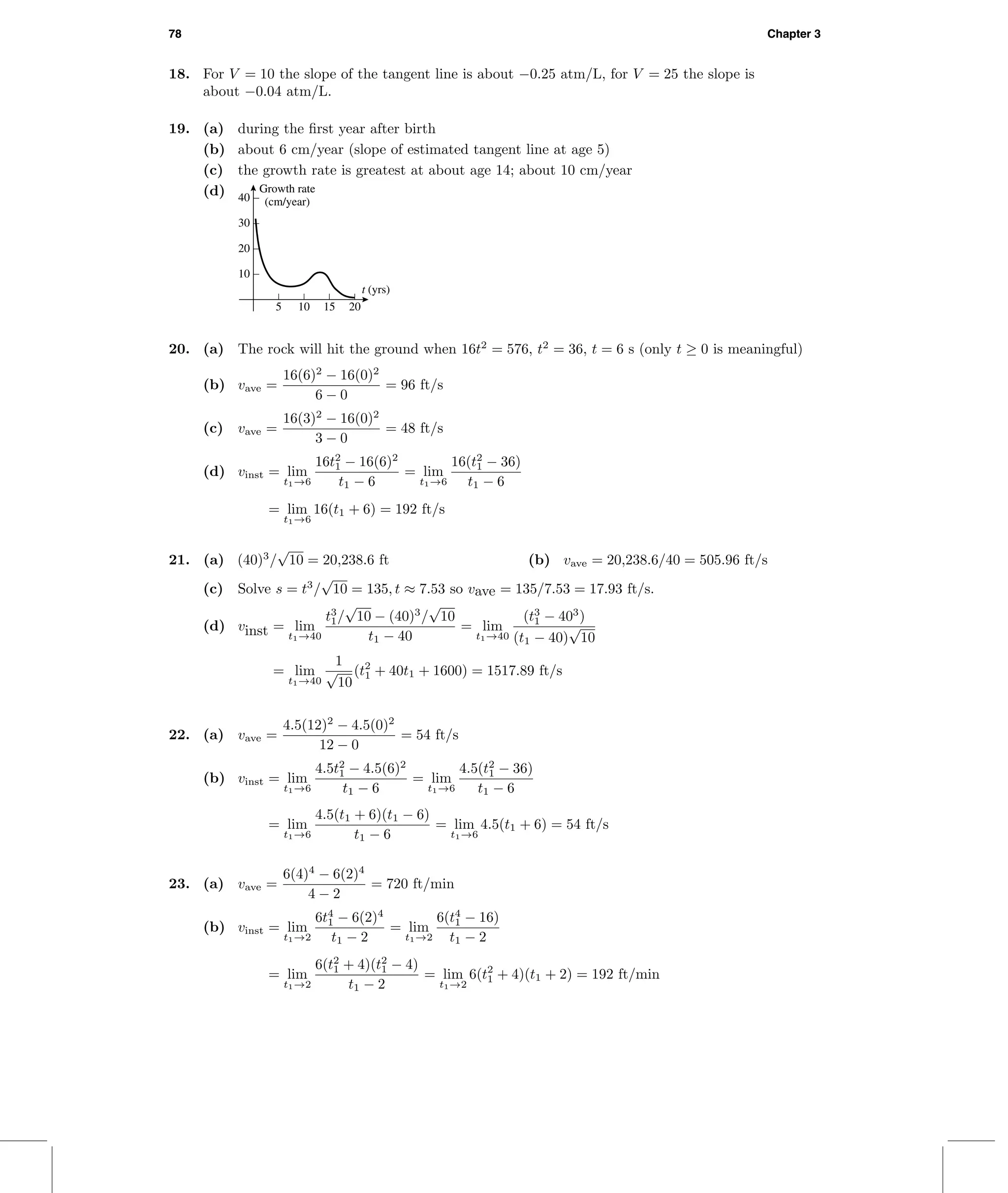 78 Chapter 3
18. For V = 10 the slope of the tangent line is about −0.25 atm/L, for V = 25 the slope is
about −0.04 atm/L.
19. (a) during the ﬁrst year after birth
(b) about 6 cm/year (slope of estimated tangent line at age 5)
(c) the growth rate is greatest at about age 14; about 10 cm/year
(d)
t (yrs)
Growth rate
(cm/year)
5 10 15 20
10
20
30
40
20. (a) The rock will hit the ground when 16t2
= 576, t2
= 36, t = 6 s (only t ≥ 0 is meaningful)
(b) vave =
16(6)2
− 16(0)2
6 − 0
= 96 ft/s
(c) vave =
16(3)2
− 16(0)2
3 − 0
= 48 ft/s
(d) vinst = lim
t1→6
16t2
1 − 16(6)2
t1 − 6
= lim
t1→6
16(t2
1 − 36)
t1 − 6
= lim
t1→6
16(t1 + 6) = 192 ft/s
21. (a) (40)3
/
√
10 = 20,238.6 ft (b) vave = 20,238.6/40 = 505.96 ft/s
(c) Solve s = t3
/
√
10 = 135, t ≈ 7.53 so vave = 135/7.53 = 17.93 ft/s.
(d) vinst = lim
t1→40
t3
1/
√
10 − (40)3
/
√
10
t1 − 40
= lim
t1→40
(t3
1 − 403
)
(t1 − 40)
√
10
= lim
t1→40
1
√
10
(t2
1 + 40t1 + 1600) = 1517.89 ft/s
22. (a) vave =
4.5(12)2
− 4.5(0)2
12 − 0
= 54 ft/s
(b) vinst = lim
t1→6
4.5t2
1 − 4.5(6)2
t1 − 6
= lim
t1→6
4.5(t2
1 − 36)
t1 − 6
= lim
t1→6
4.5(t1 + 6)(t1 − 6)
t1 − 6
= lim
t1→6
4.5(t1 + 6) = 54 ft/s
23. (a) vave =
6(4)4
− 6(2)4
4 − 2
= 720 ft/min
(b) vinst = lim
t1→2
6t4
1 − 6(2)4
t1 − 2
= lim
t1→2
6(t4
1 − 16)
t1 − 2
= lim
t1→2
6(t2
1 + 4)(t2
1 − 4)
t1 − 2
= lim
t1→2
6(t2
1 + 4)(t1 + 2) = 192 ft/min
 